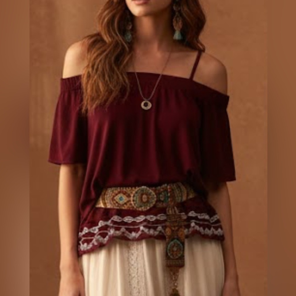 TOP of Jade Burgundy Off-Shoulder Blouse with White Trim(oversized look)